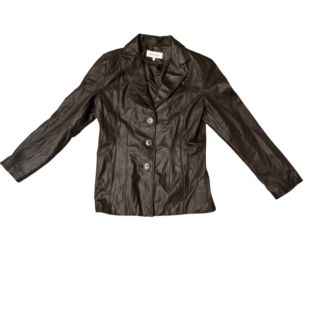 Calvin Klein Leather Blazer Women M Brown 3-Button Tailored Jacket